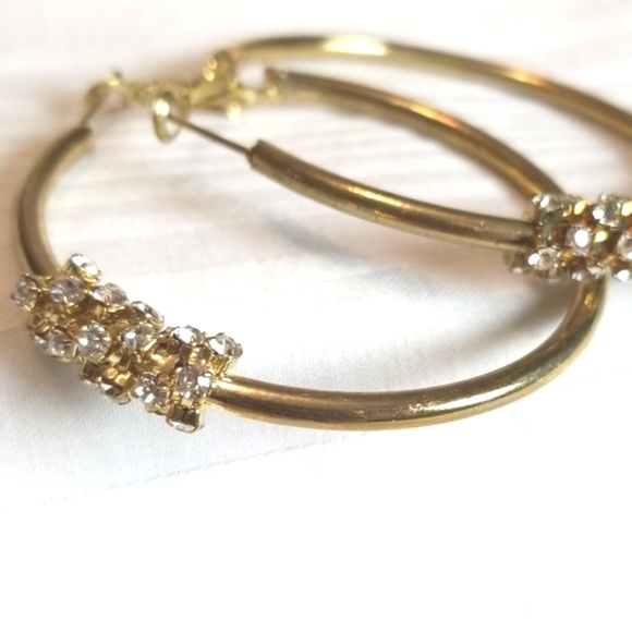 Gold Rhinestone Charm Hoop Earrings - Picture 2 of 4